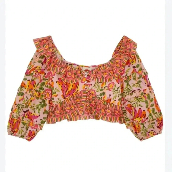 NWT Farm Rio Painted Bananas Puff Sleeve Top Blouse Pink XL - Picture 2 of 8